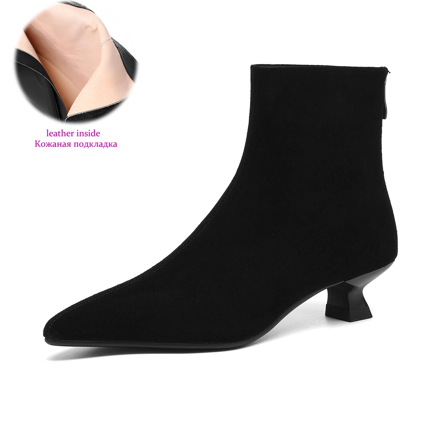 Plus Size 34-42 Genuine Leather Pointed Toe Med Heels Zipper Modern Boots Winter Autumn Shoes Concise Elegant Dress Ankle Boots
