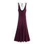 HH Women's Solid Vacation Style Satin Texture Backless V-neck Midi Dress Summer Female Elegant Sexy Lace-up Strap Dress
