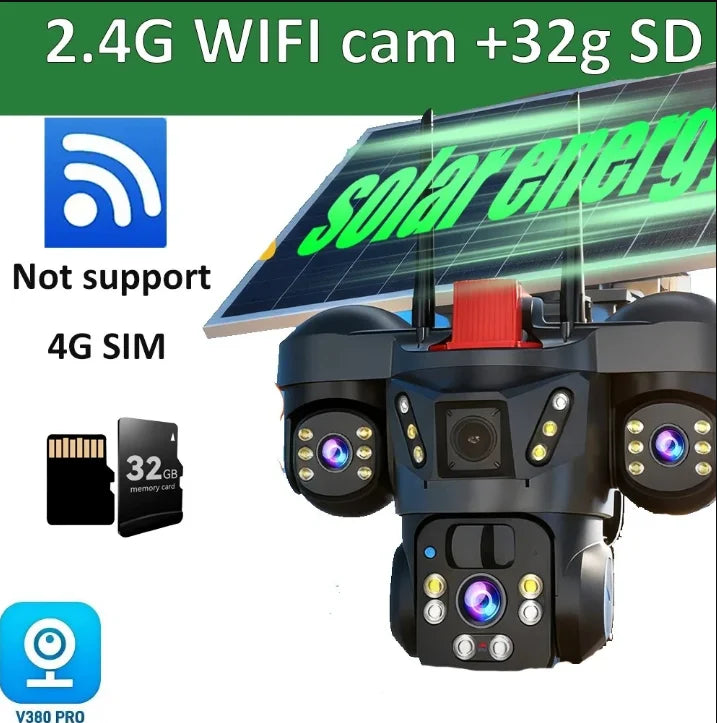 8K 15MP Three Screen 10X Zoom Wifi Surveillance Camera V380 Pro 4G Camera Solar Outdoor Waterproof Battery Security CCTV Solar