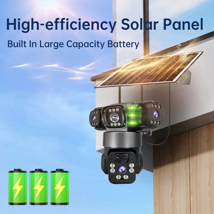 Solar WiFi Security Camera, V380 Pro  Triple Screen PTZ CCTV, AI Auto Tracking, Waterproof Outdoor Wireless Solar Camera