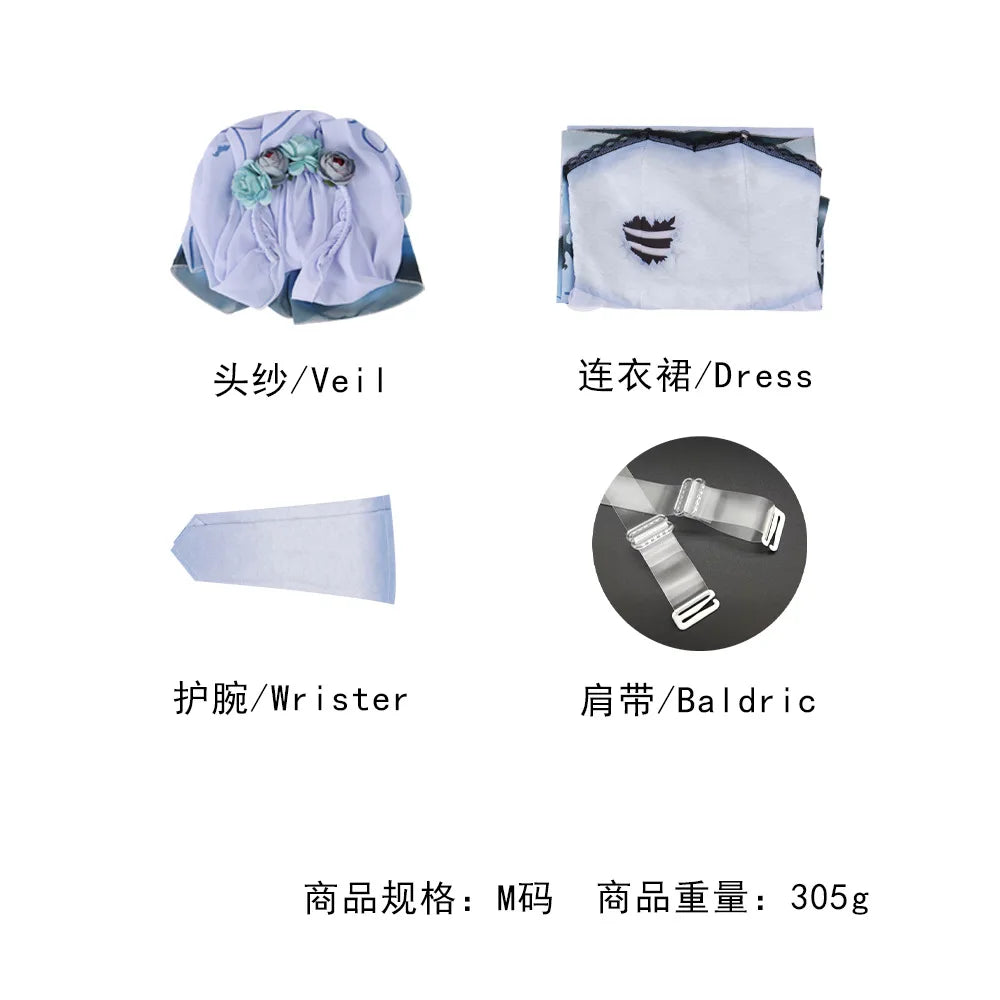 Bride Emily Cosplay Costume Wig Zombie Ghost Emily Blue Printed Dress Gothic Clothing Halloween Party Princess Dress Suit