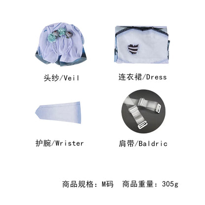 Bride Emily Cosplay Costume Wig Zombie Ghost Emily Blue Printed Dress Gothic Clothing Halloween Party Princess Dress Suit