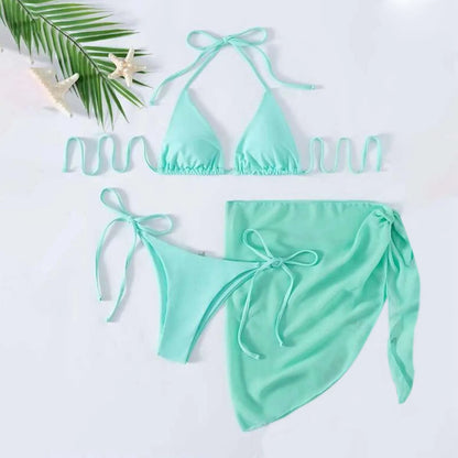 Sexy Three Pieces Bikini Set Women Summer Bikini With Sarong Skirt Solid Color Triangle Cup Tie Up Female Swimwear Swimming Suit