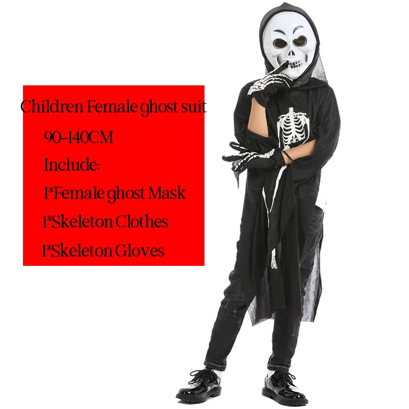 Halloween Scary Skeleton Ghost Cosplay Costume Masks Gloves Costume Suit Masquerade Carnival Horror Clothes for Adults Kids