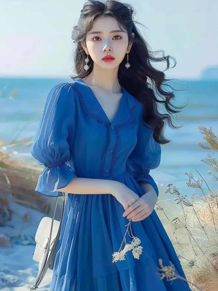 French Blue Bubble Sleeve Dress with Waist Cinching Summer New Style Seaside Vacation Temperament Fresh Dress