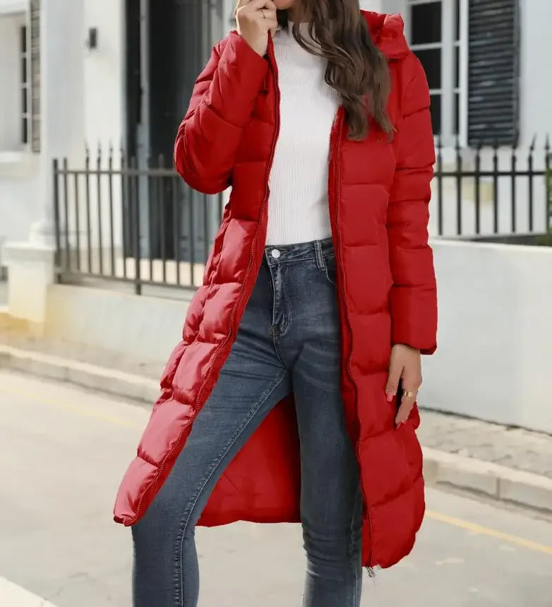 New Hooded Down Coats Women Medium Long Slim Fit Down Parkas Winter Warm Solid Casual Zipper Coat Stylish Outwear Autumn Jackets