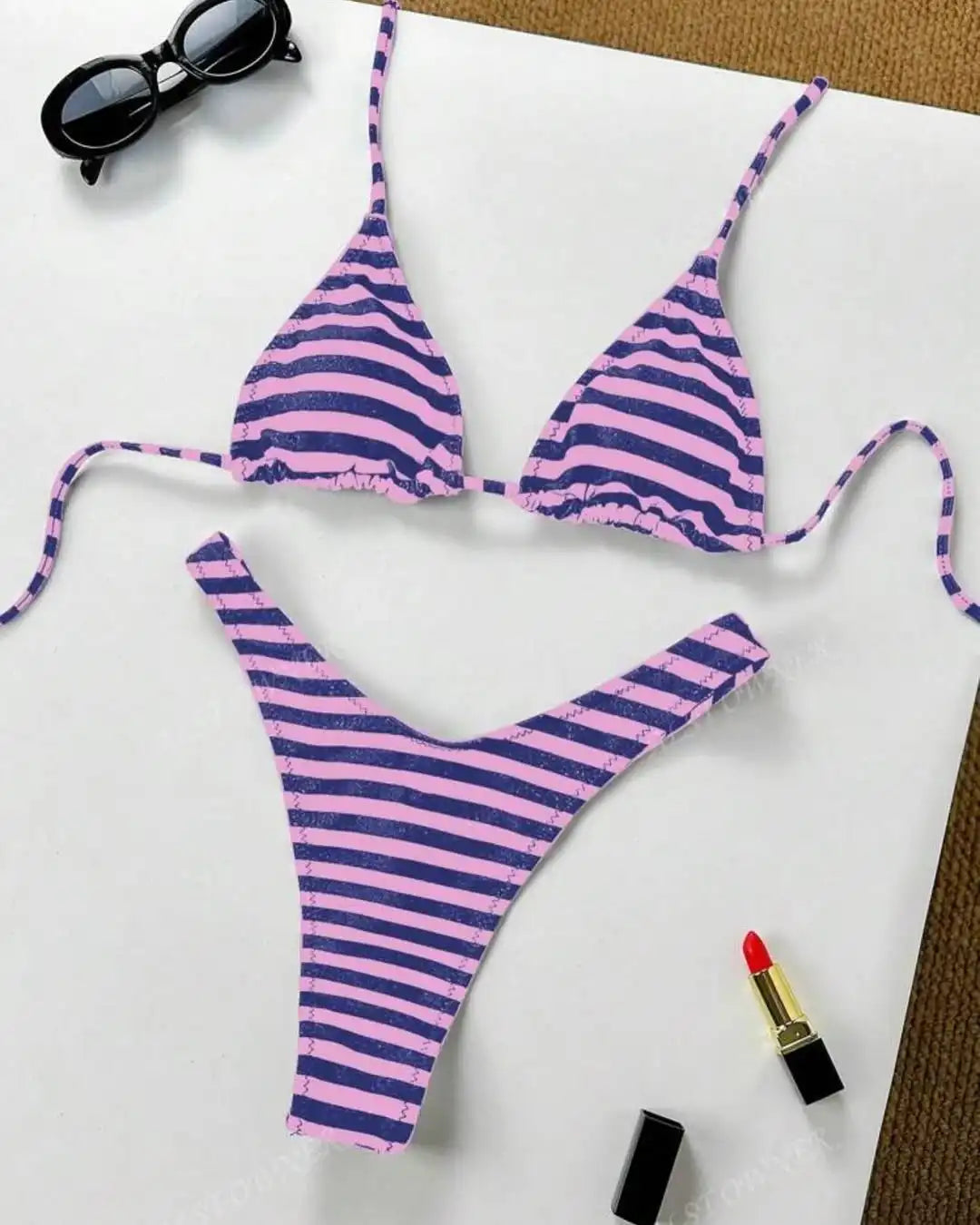 Y2K Sexy Hot Girls Striped Printed Triangle Lingerie Underwear 2025 New Beach Vacation Fashion Personality ins Style Bikini Suit