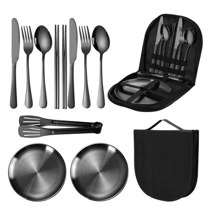 11 Pcs/lot Picnic Tableware Kit Portable Stainless Steel Knife Fork Spoon Plate Cutlery Set Outdoor Travel Camping Equipment