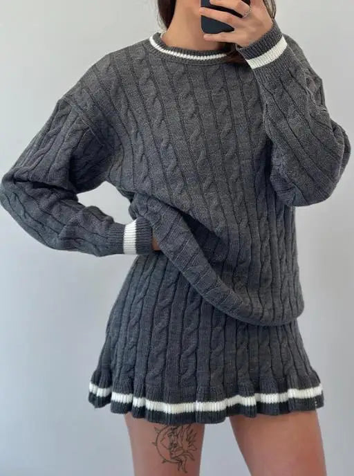 Two Piece Set Women Outfit Spring Autumn New Round Neck Twists Knitted Sweater & High Waist Ruffles Hem Mini Skirt Set