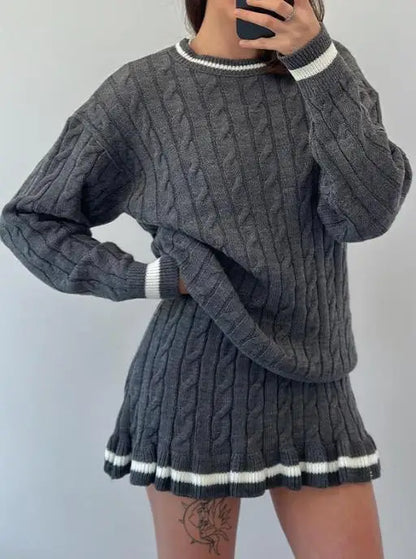 Two Piece Set Women Outfit Spring Autumn New Round Neck Twists Knitted Sweater & High Waist Ruffles Hem Mini Skirt Set