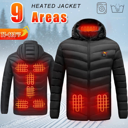 9 Areas Heated Jacket USB Electric Self Heating Jacket for Men Women Winter Cotton Coats Ski Hunting Down Jacket Heated Clothing