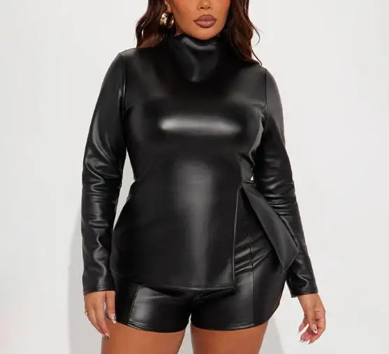 Two Piece Set Women Outfit Spring New Solid Color High Neck Long Sleeve Zipper Split Leather Jacket & High Waist Shorts Set