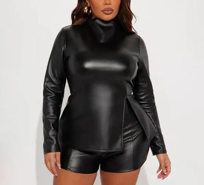 Two Piece Set Women Outfit Spring New Solid Color High Neck Long Sleeve Zipper Split Leather Jacket & High Waist Shorts Set