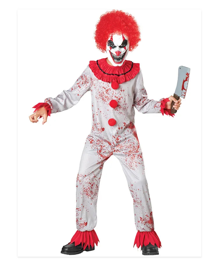 Movie Killer Clown Costume Cosplay For Boy Girl Scary Clown Gray Jumpsuit with Blood Fancy Hallween for Boys Terror Jumpsuit