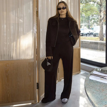 Basic Wide Leg Pants Leisure Suit Women 2025 Spring Solid Long Sleeve Top Casual Loose Trousers 2 Piece Set Hottie Streetwear