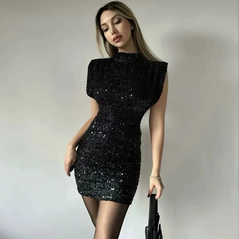 KONDALA Women Sequined Party Dress Shoulder Pad Sheath Mini Dress Sleeveless Nightclub Party Women Elegant Chic Dresses