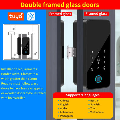 Tuya APP Glass Door Fingerprint Lock Bluetooth Smart Biometric Electronic Office Glass Door Lock 13.56Mhz RFID IC Keyless Unlock