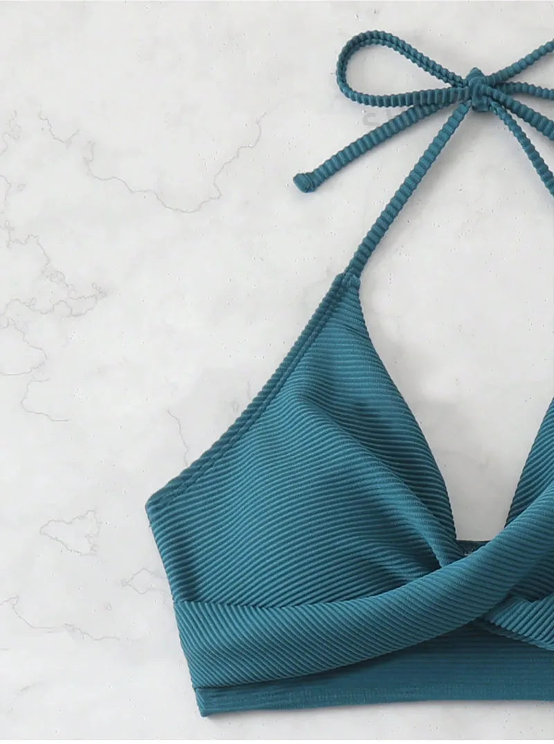 2025 New Sexy High Waist Two-piece Bikini Set Women Solid Halter Swimsuit Summer Tight Cross Push Up Backless Beach Bathing Suit