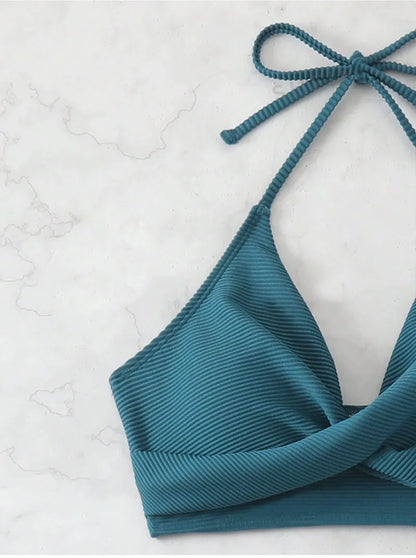 2025 New Sexy High Waist Two-piece Bikini Set Women Solid Halter Swimsuit Summer Tight Cross Push Up Backless Beach Bathing Suit