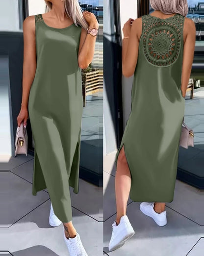 Womens Dresses Summer Fashion Slit Hollow-Out Casual Plain Round Neck Sleeveless Daily Straight Mid-Calf Dress