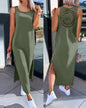 Womens Dresses Summer Fashion Slit Hollow-Out Casual Plain Round Neck Sleeveless Daily Straight Mid-Calf Dress