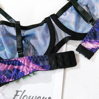 Sexy Perspective Breast Gather Printed Lingerie Set with Gloves Leg Set for Women's Five Piece Set Female Fun Bra & Brief Sets