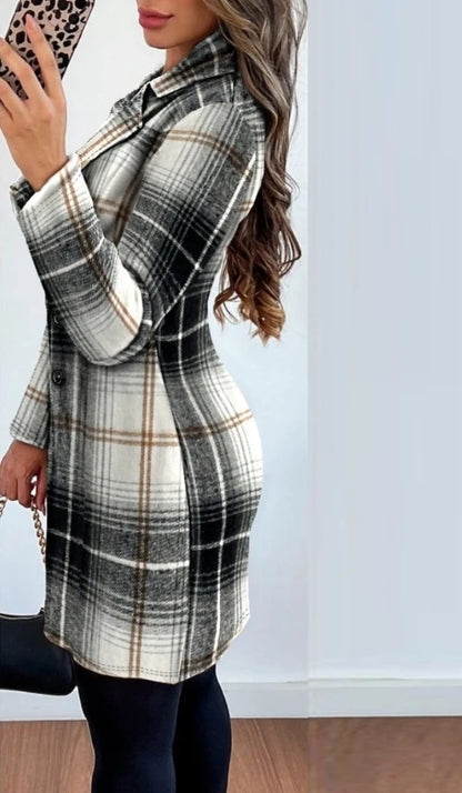 Female Jacket Autumn Fashion Double Breasted Plaid Print Elegant Long Sleeved Notched Collar Casual Daily Blazer Coat