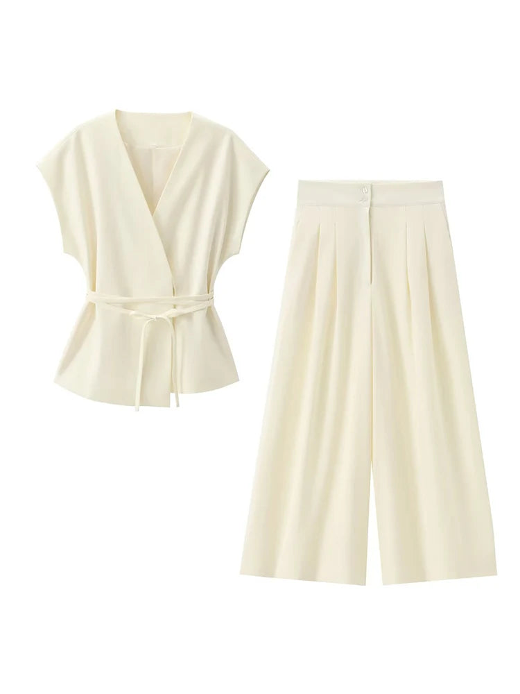 TFMLN Fashion Women's Trouser Suits Sleeveless V-Neck Top With Belt Straight Pants Sets 2025 Spring Summer Commuter 2 Piece Set