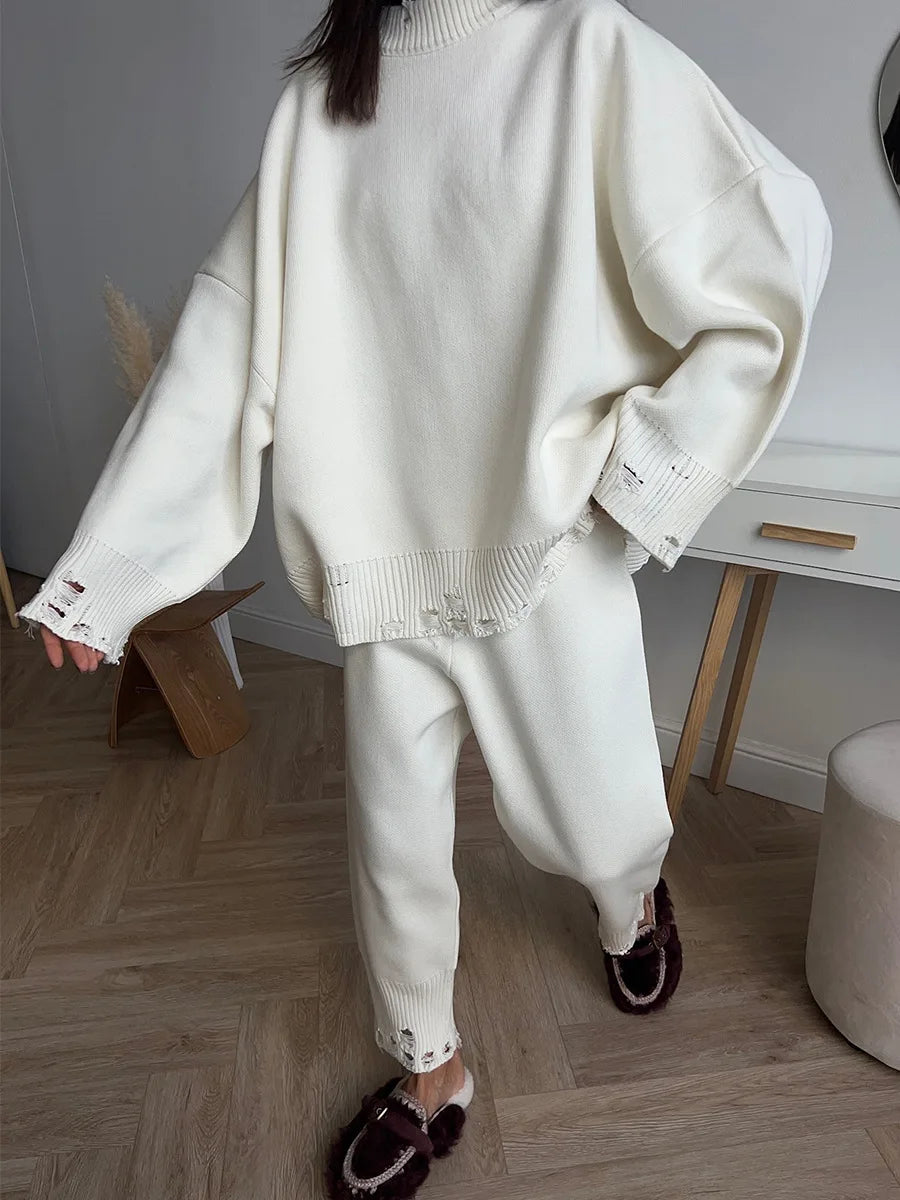 Bornladies Autumn Winter Women's New Turtleneck Knit Sweater Skinny Knit Pants Set Soft Oversized Ripped Hem Fashion Pullover