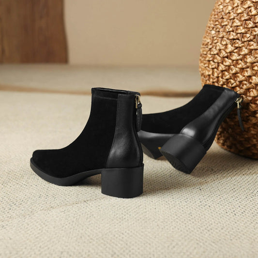 Krazing Pot Trend Plus Size 34-43 Cow Suede Square Toe Med Heels Retro Modern Boots Warm Winter Shoes Dating Concise Ankle Boots