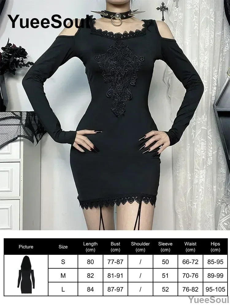 Halloween Gothic Grunge Punk Women Dress Long Sleeve Lace Slim Black Dresses 2025 New Y2K Harajuku Lolita Fairy Core Party Dress
