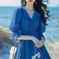 French Blue Bubble Sleeve Dress with Waist Cinching Summer New Style Seaside Vacation Temperament Fresh Dress