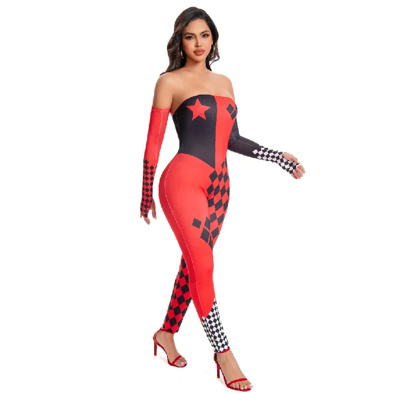 [You're My Secret] Halloween Cosplay Harley Q Clown Costume Sexy Jumpsuit for Women Bodysuit Masquerade Disguise Zentai Outfit