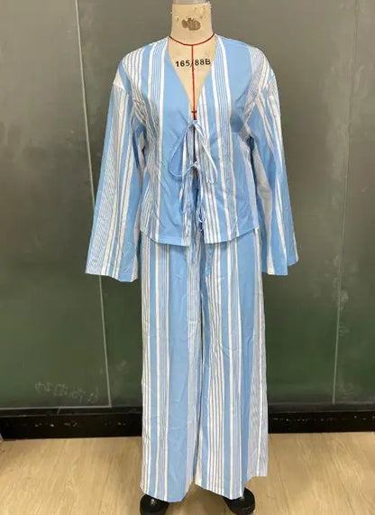Two Piece Set Women Outfit Spring Autumn New Temperament Striped Long Sleeved Lace Up Shirt & Casual Straight Leg Pants Set