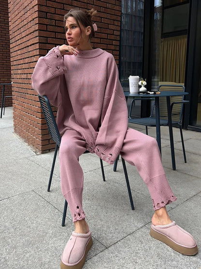 Bornladies Autumn Winter Women's New Turtleneck Knit Sweater Skinny Knit Pants Set Soft Oversized Ripped Hem Fashion Pullover