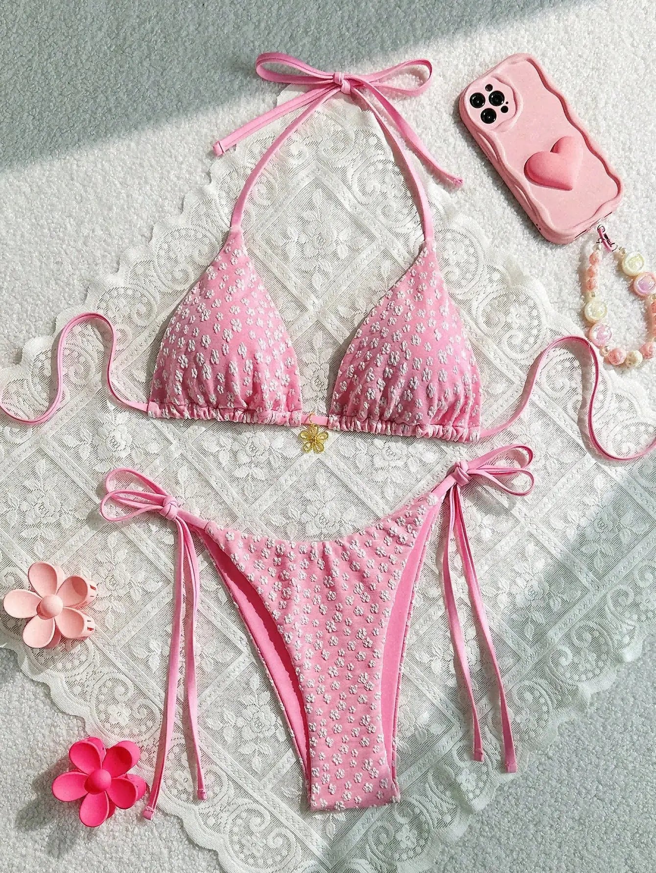 Pink Floral Print Two Piece Bikini Set 2025 Swimsuit for Women Halter Push Up Backless Beach Swimwear Micro Thong Bathing Suit