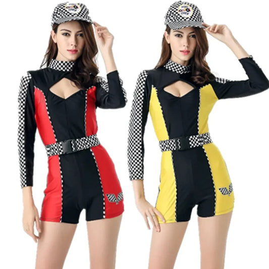 Women Sexy Race Costume Long Sleeves Car Driver Bodysuit with Hat Racing Girl Bodysuit Cosplay Game Uniform