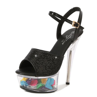 Summer Party Sequin Cloth Women's Sandals Transparent Petal Waterproof Platform High Heels Model Show Stiletto Strippers Shoes