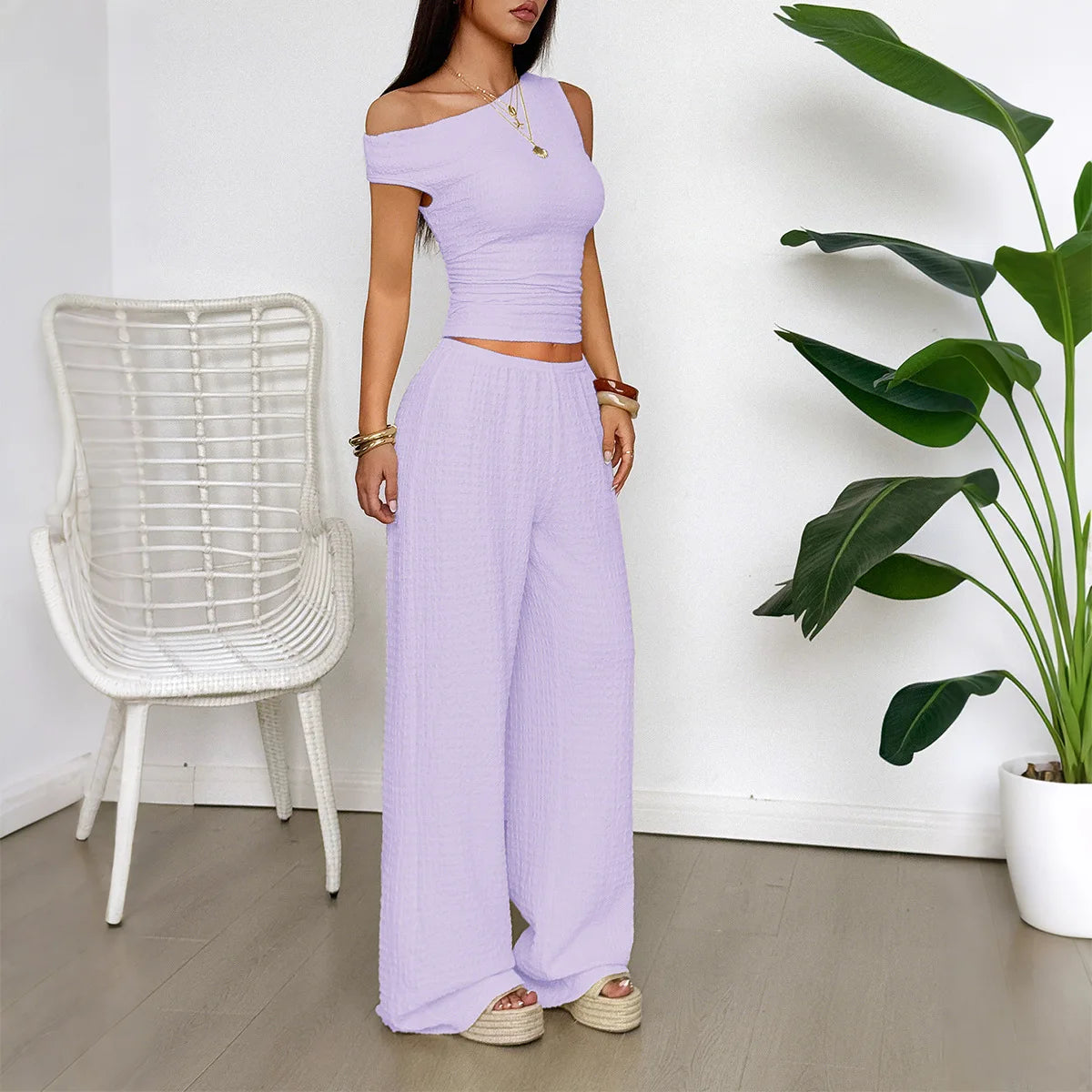 Two Piece Set Women Outfit  Summer New Solid Color Slanted Collar Tank Top & High Waist Casual Wide Leg Long Pants Set