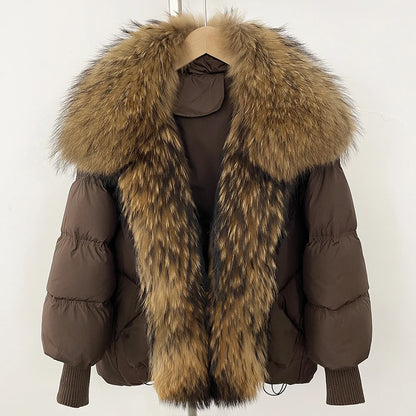 OFTBUY 2025 New Winter Large Real Raccoon Fur Puffer Coat Women Oversized Feather Down Parka Knit Sleeve White Duck Down Jacket