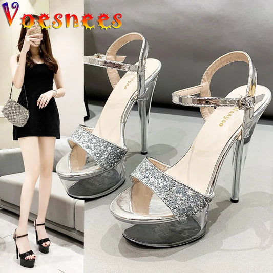 Black Platform Sandals Women's Party Dress Elegant High Heels Summer New Stiletto Shiny Sequins Wedding Shoes Zapatillas Mujer