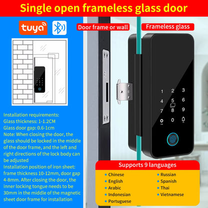 Tuya APP Glass Door Fingerprint Lock Bluetooth Smart Biometric Electronic Office Glass Door Lock 13.56Mhz RFID IC Keyless Unlock