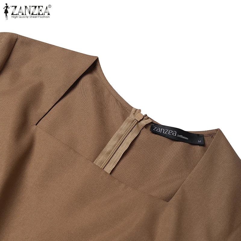 ZANZEA Elegant Office Work Dresses 2025 Women Summer Dress Square Neck Party Sundress Fashion Short Sleeve Pleated Vestidos Robe