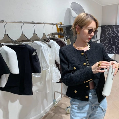 Autumn Winter Small Fragrant Tweed Jacket Coat Women Vintage Woolen Short Coats Streetwear Elegant Casual Slim Outwear Crop Top