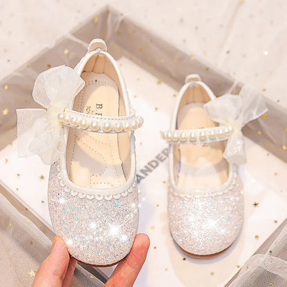 Fashion Girls Mary Janes for Party Wedding Shows Bow Pearls Elegant Princess Shoes Chic Kids Shoes Non-slip Children Fashion
