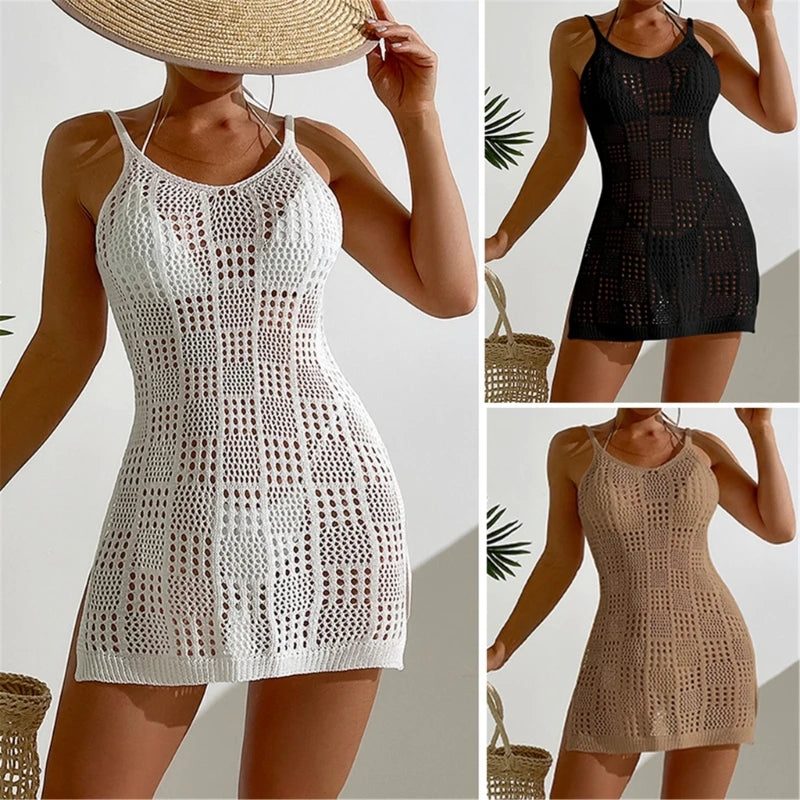 Women Sleeveless Beach Dress Crocheted Beach Cover Up Hollows Swimsuit Cover Up