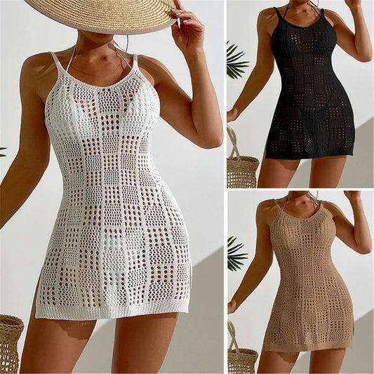 Women Sleeveless Beach Dress Crocheted Beach Cover Up Hollows Swimsuit Cover Up