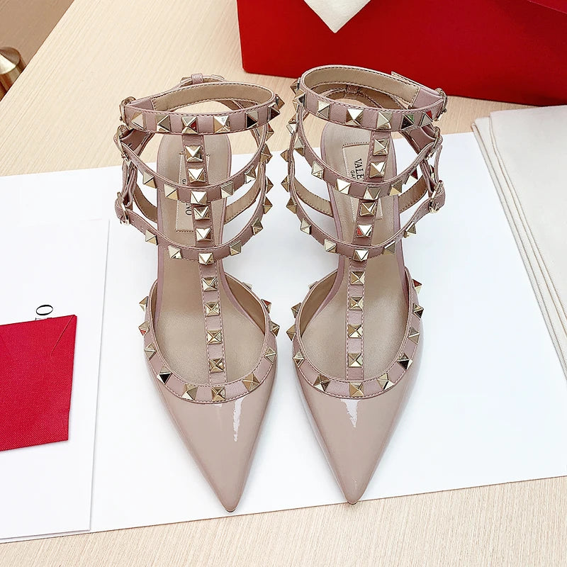 Women's Gladiator sandals Summer Black luxury Woman shoes Rivet High-heeled Three Straps Ankle Fashion Designer Ladies Shoes
