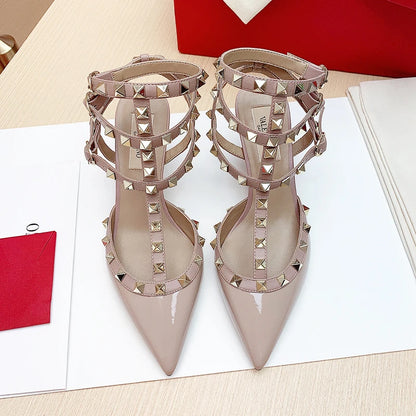 Women's Gladiator sandals Summer Black luxury Woman shoes Rivet High-heeled Three Straps Ankle Fashion Designer Ladies Shoes
