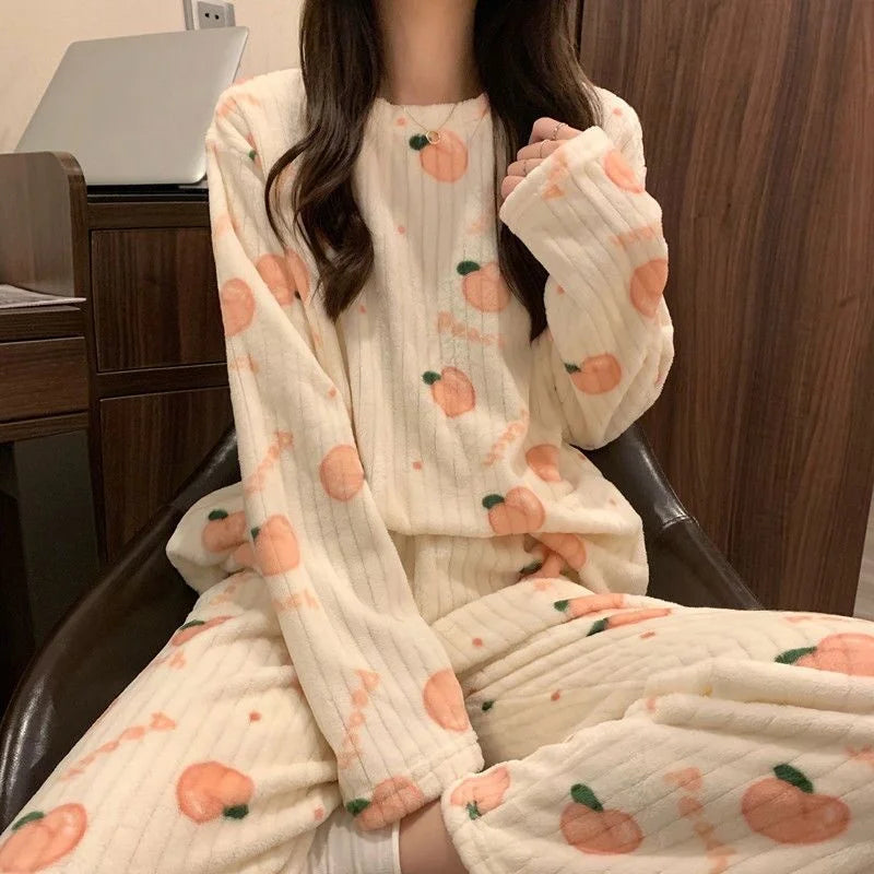 Adorable Sweet Coral Fce Thiened Autumn Winter Spwear Women's Casual Home Clothes Set Long Pants Comfortable Leisure ...